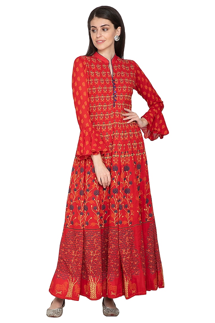 Red Printed Silk Anarkali by Vasansi Jaipur