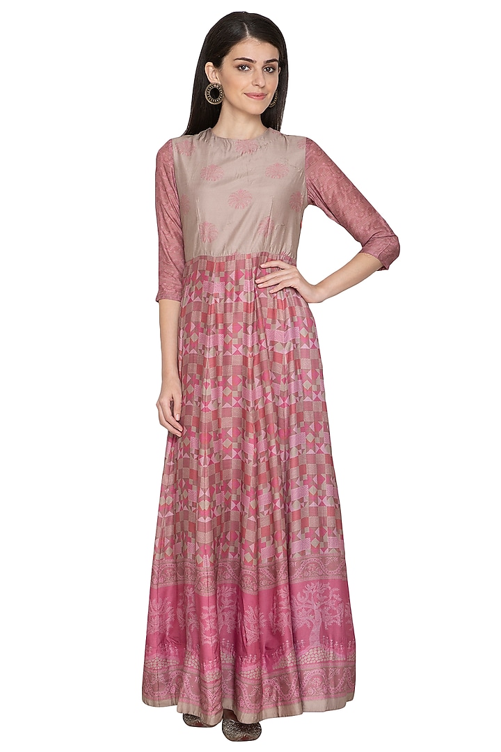 Pink Printed Silk Anarkali by Vasansi Jaipur