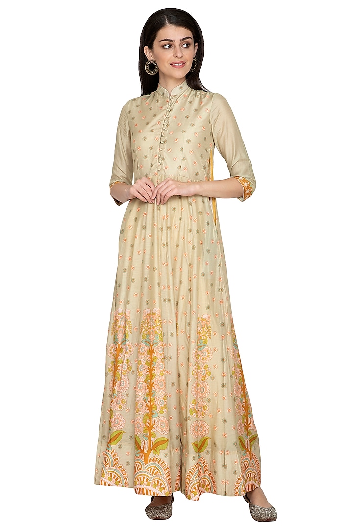 Yellow Printed Silk Anarkali by Vasansi Jaipur