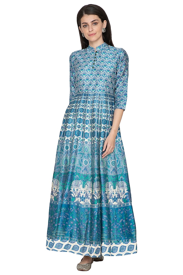 Blue Printed Silk Anarkali by Vasansi Jaipur