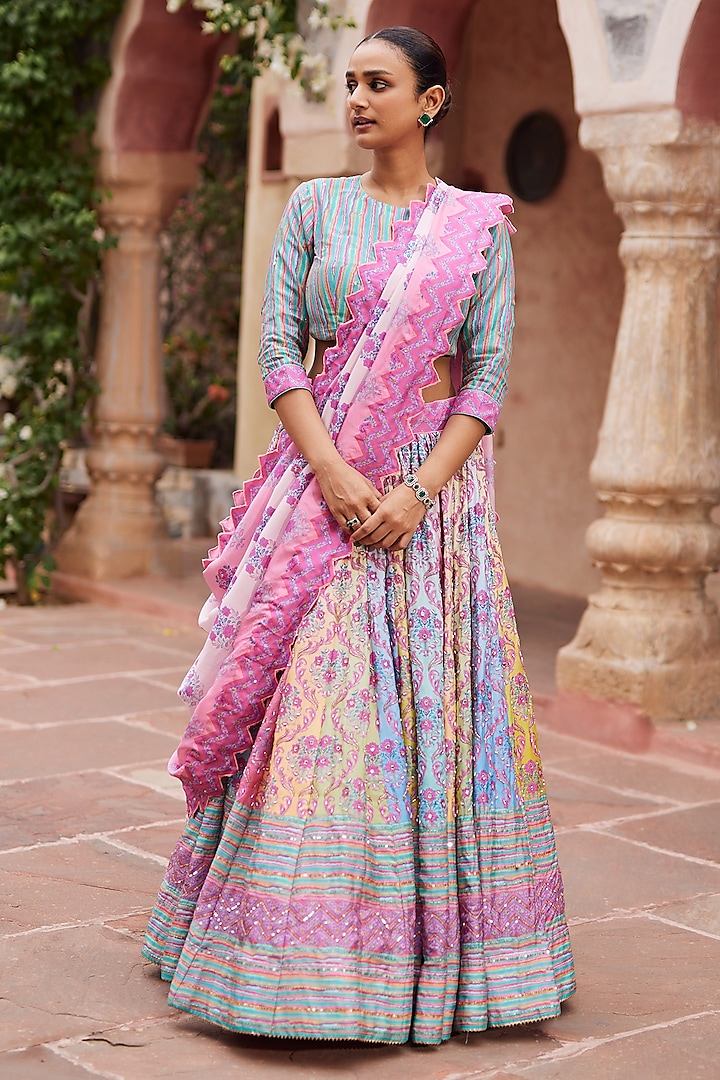 Lilac & Blue Vasansi Silk Floral Printed Wedding Lehenga Set by Vasansi Jaipur at Pernia's Pop Up Shop