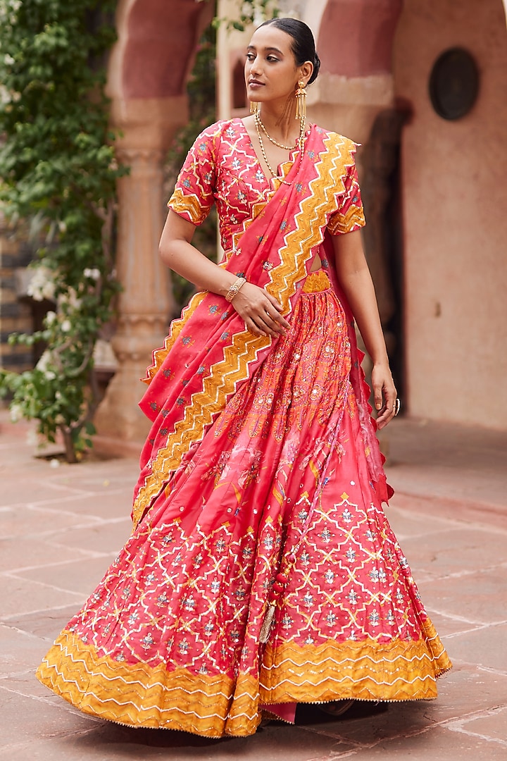 Red Vasansi Silk Floral Printed & Embroidered Wedding Lehenga Set by Vasansi Jaipur at Pernia's Pop Up Shop