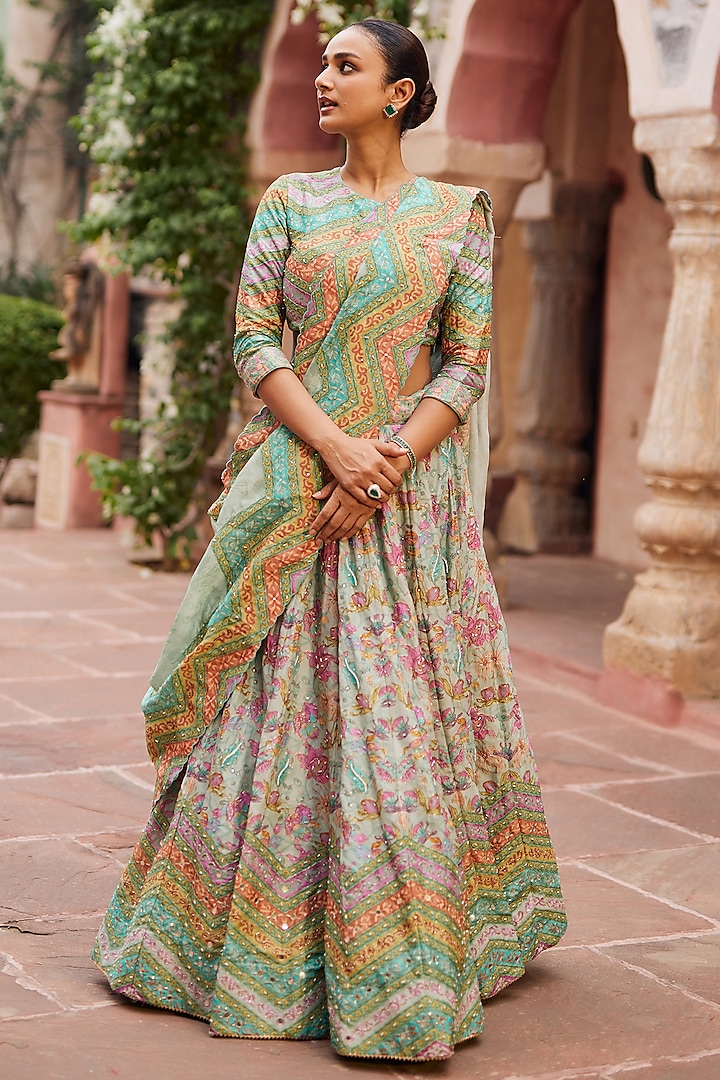 Sea Green Vasansi Silk Floral Printed & Embroidered Wedding Lehenga Set by Vasansi Jaipur at Pernia's Pop Up Shop