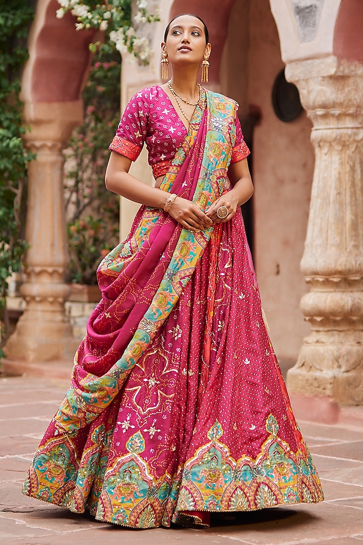 Raspberry Pink Vasansi Silk Floral Printed & Sequins Embroidered Wedding Lehenga Set by Vasansi Jaipur at Pernia's Pop Up Shop