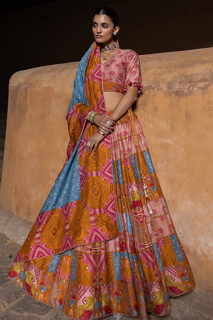 Mustard & Peach Vasansi Silk Floral Printed Lehenga Set by Vasansi Jaipur at Pernia's Pop Up Shop