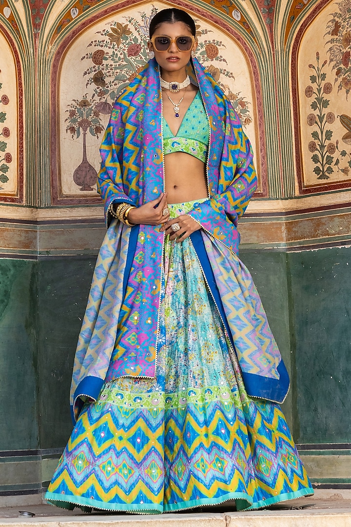 Blue Vasansi Silk Floral Printed & Sequins Embroidered Lehenga Set by Vasansi Jaipur at Pernia's Pop Up Shop