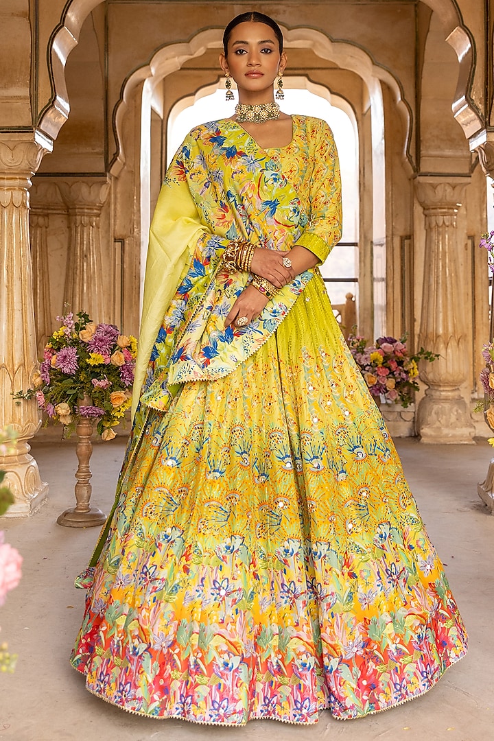 Lime Green Vasansi Silk Floral Printed & Sequins Embroidered Lehenga Set by Vasansi Jaipur at Pernia's Pop Up Shop