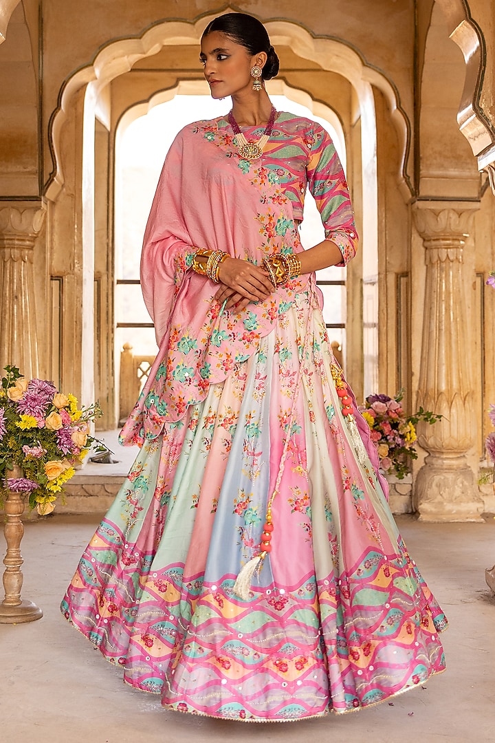 Multi-Colored Vasansi Silk Floral Printed & Pearl Embroidered Lehenga Set by Vasansi Jaipur at Pernia's Pop Up Shop