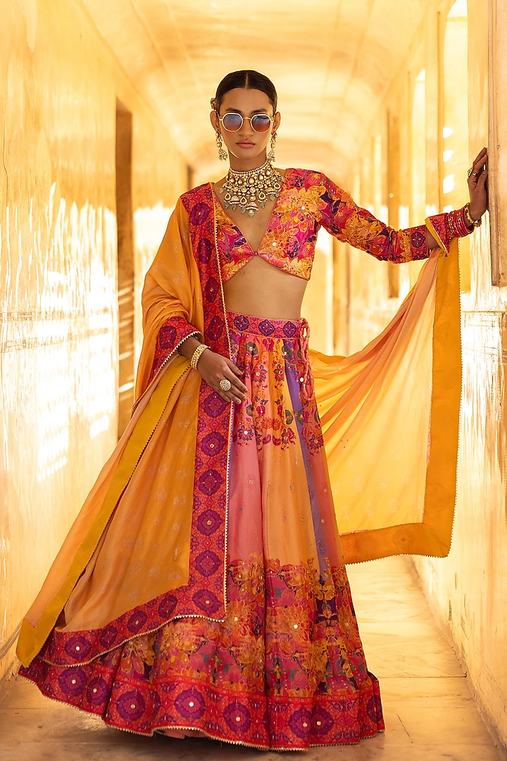 Multi-Colored Vasansi Silk Floral Printed & Sequins Embroidered Lehenga Set by Vasansi Jaipur at Pernia's Pop Up Shop