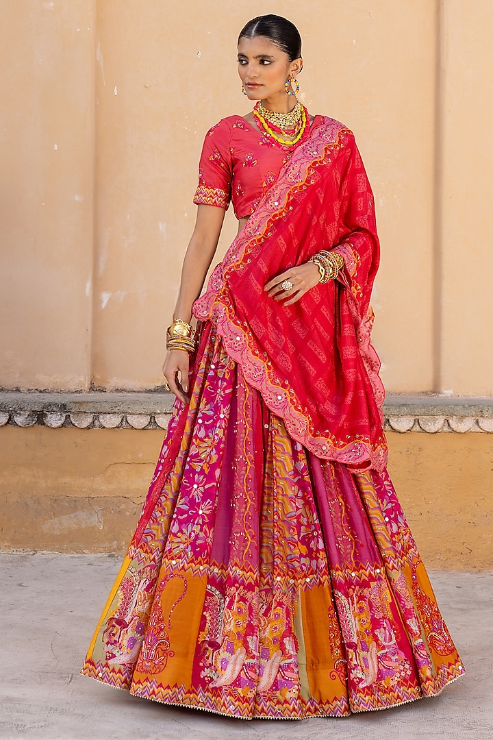 Red Vasansi Silk Floral Printed & Sequins Embroidered Lehenga Set by Vasansi Jaipur at Pernia's Pop Up Shop