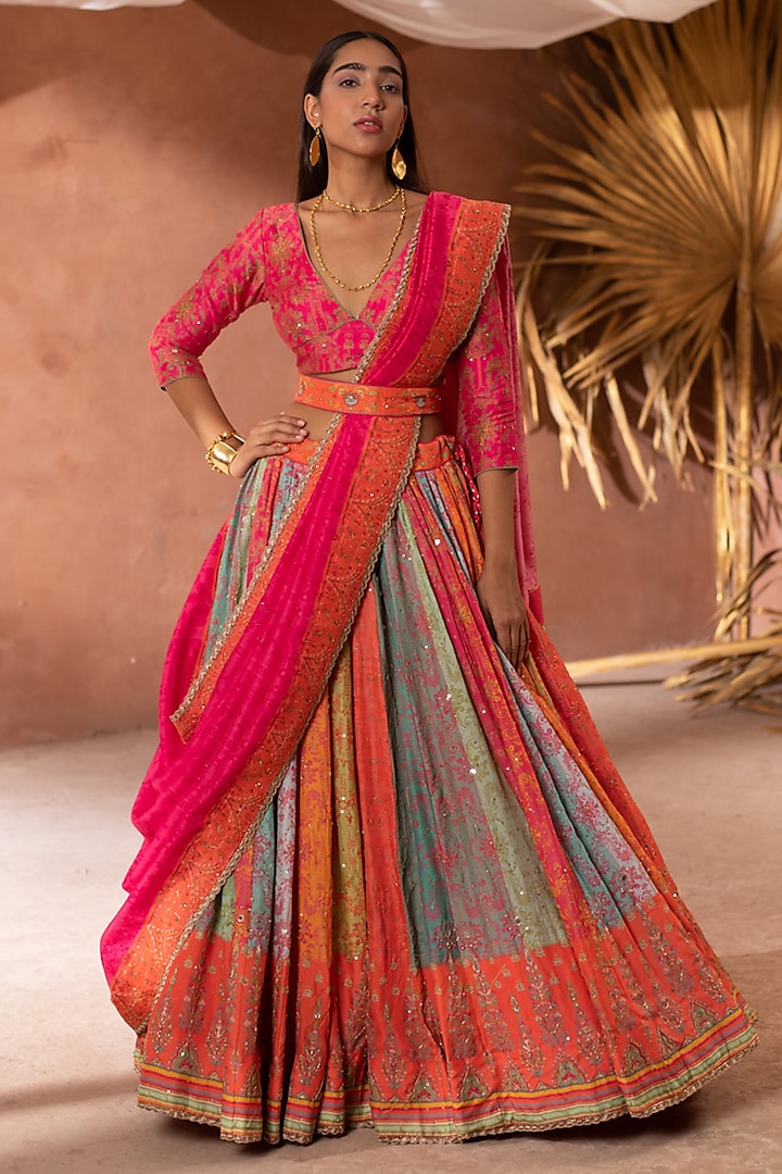 Multi-Colored Vasansi Silk Floral Printed & Sequins Handwork Wedding Lehenga Set by Vasansi Jaipur at Pernia's Pop Up Shop