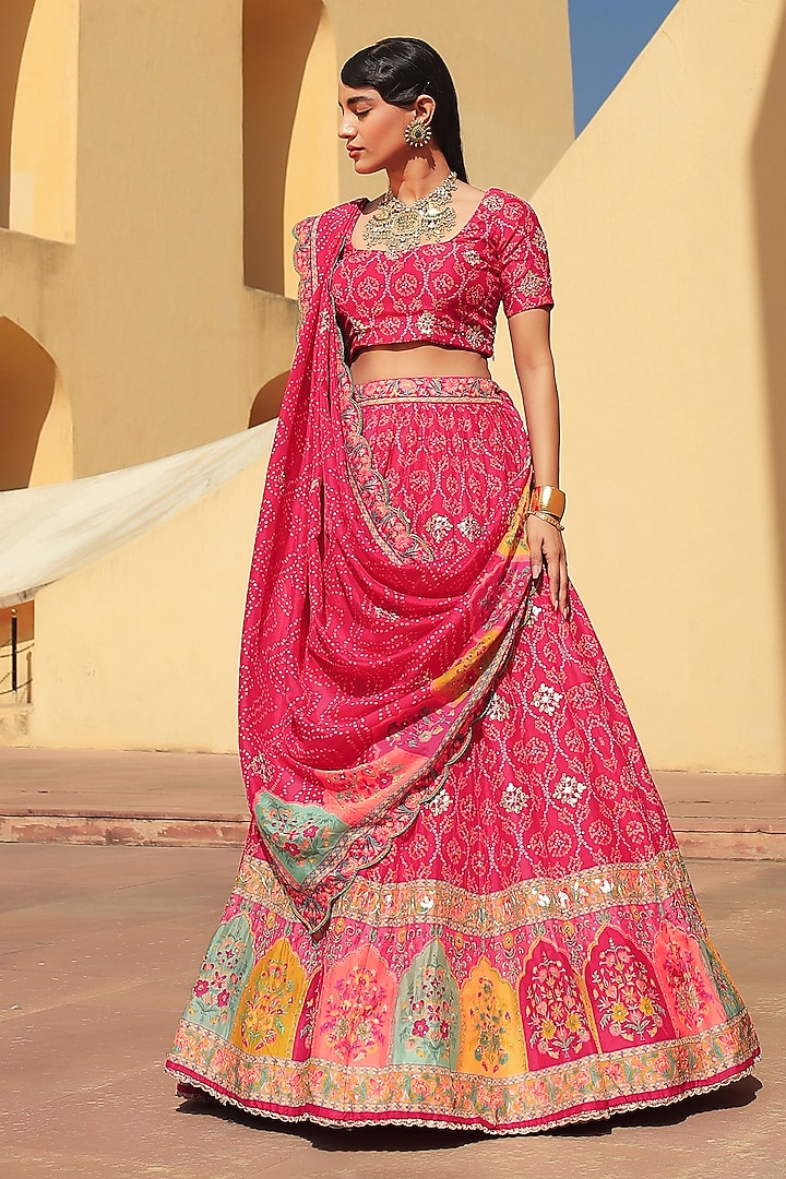 Red Vasansi Silk Bandhej Printed & Gota Patti Work Wedding Lehenga Set by Vasansi Jaipur at Pernia's Pop Up Shop