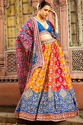 Multi-Colored Vasansi Silk Printed & Sequins Work Lehenga Set by Vasansi Jaipur