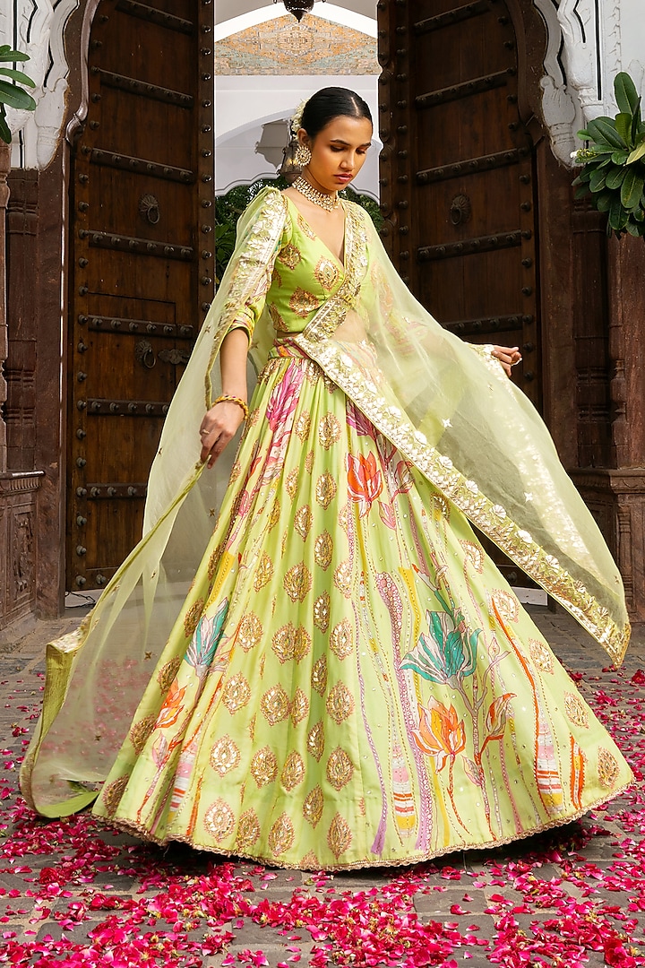 Green Vasansi Silk Floral Printed & Goat Patti Embroidered Wedding Lehenga Set by Vasansi Jaipur at Pernia's Pop Up Shop