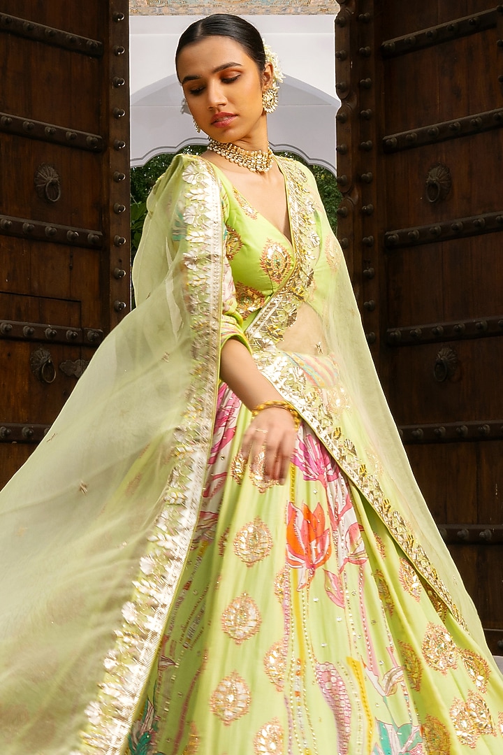 Green Vasansi Silk Floral Printed & Goat Patti Embroidered Wedding Lehenga Set by Vasansi Jaipur at Pernia's Pop Up Shop