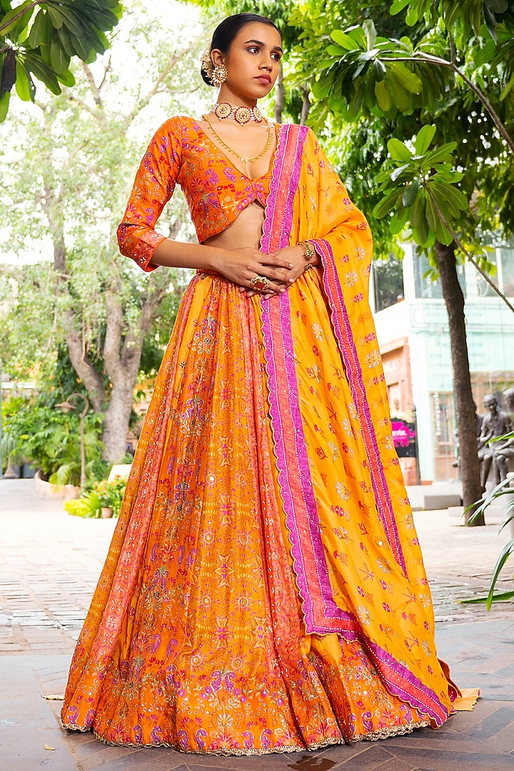 Yellow Vasansi Silk Floral Printed & Sequins Embroidered Wedding Lehenga Set by Vasansi Jaipur at Pernia's Pop Up Shop