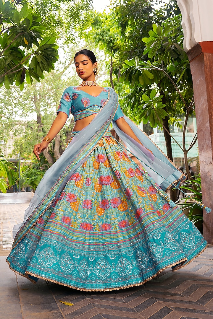 Blue Vasansi Silk Floral Printed & Sequins Embroidered Wedding Lehenga Set by Vasansi Jaipur at Pernia's Pop Up Shop