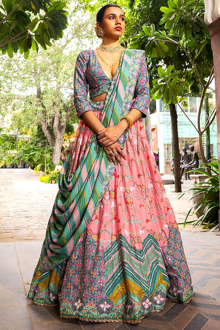 Green Vasansi Silk Floral Printed & Cutdana Embroidered Wedding Lehenga Set by Vasansi Jaipur at Pernia's Pop Up Shop