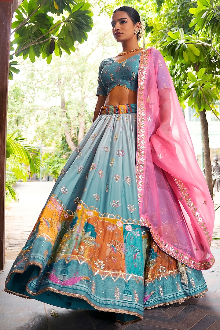 Blue Ombre Vasansi Silk Floral Printed & Gota Patti Work Wedding Lehenga Set by Vasansi Jaipur at Pernia's Pop Up Shop