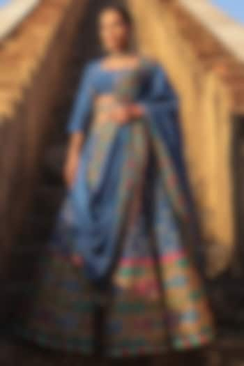 Blue Vasansi Silk Bandhej Printed & Aari Work Wedding Lehenga Set by Vasansi Jaipur at Pernia's Pop Up Shop