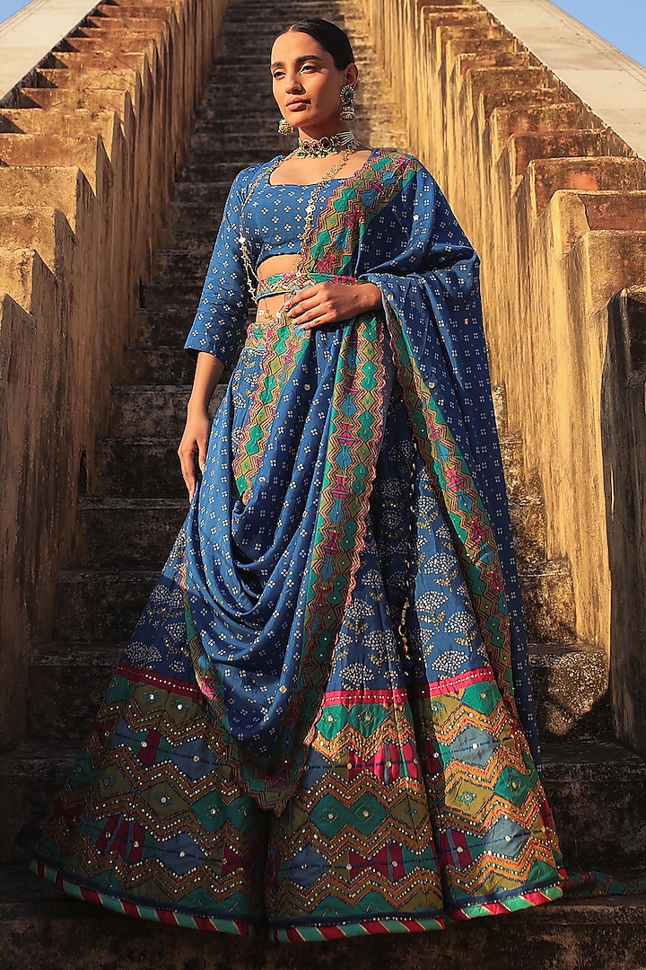 Blue Vasansi Silk Bandhej Printed & Aari Work Wedding Lehenga Set by Vasansi Jaipur at Pernia's Pop Up Shop