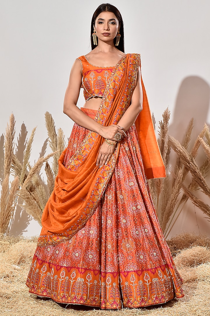 Orange Vasansi Silk Hand Embroidered Wedding Lehenga Set by Vasansi Jaipur at Pernia's Pop Up Shop