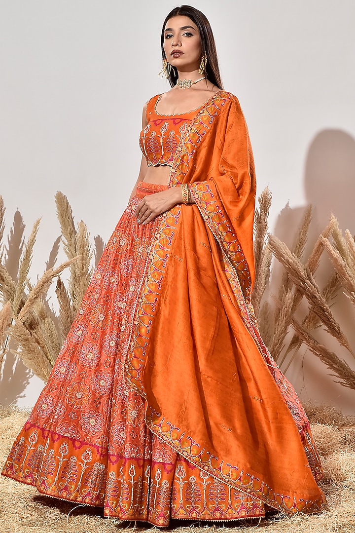 Orange Vasansi Silk Hand Embroidered Wedding Lehenga Set by Vasansi Jaipur at Pernia's Pop Up Shop