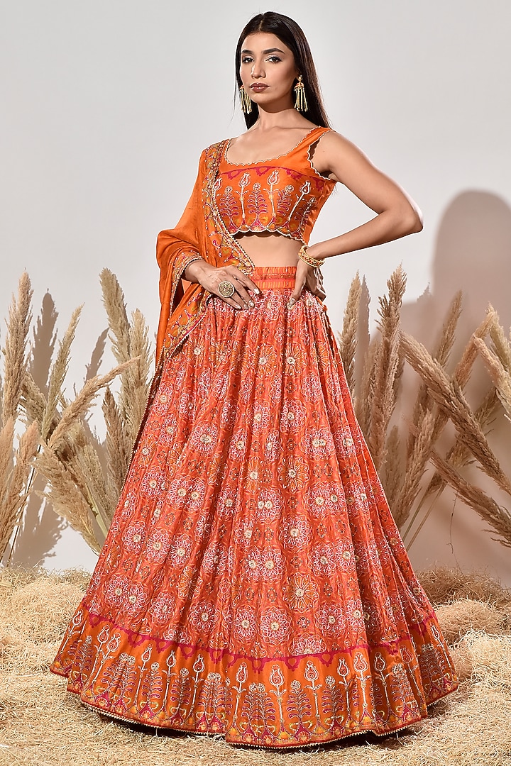 Orange Vasansi Silk Hand Embroidered Wedding Lehenga Set by Vasansi Jaipur at Pernia's Pop Up Shop