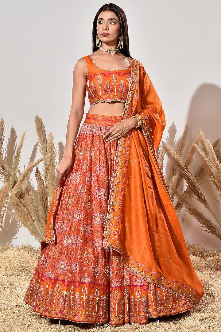 Orange Vasansi Silk Hand Embroidered Wedding Lehenga Set by Vasansi Jaipur at Pernia's Pop Up Shop