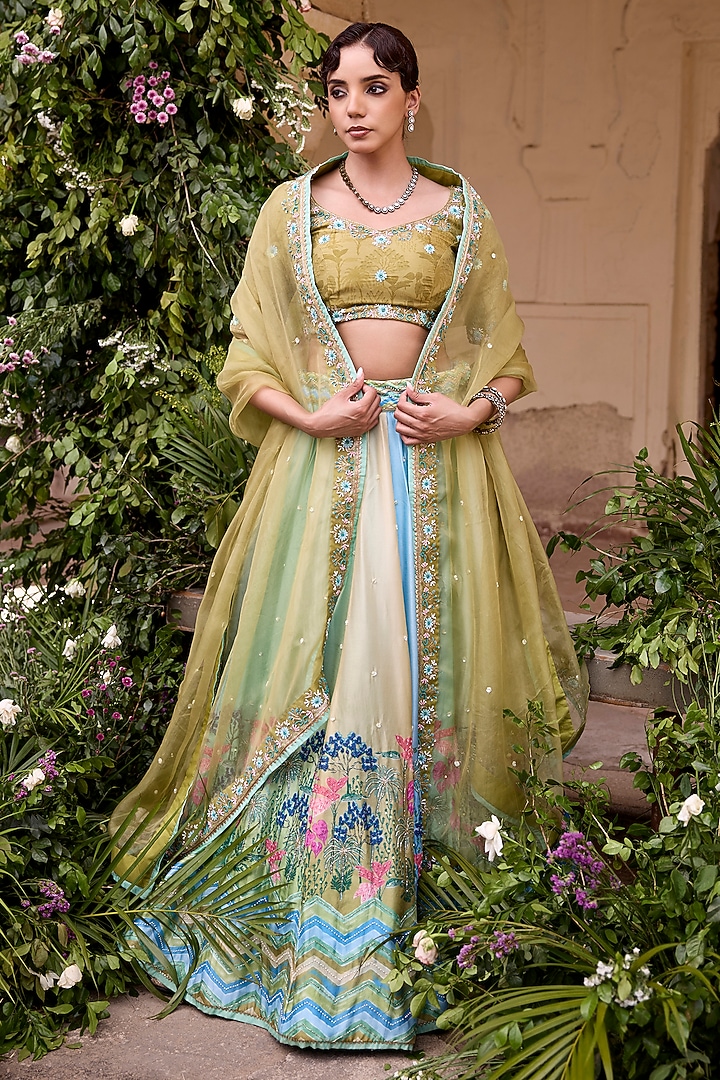 Green & Blue Vasansi Silk Cutdana Work Wedding Lehenga Set by Vasansi Jaipur at Pernia's Pop Up Shop
