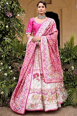 Pink & White Vasansi Silk Sequins Embroidered Lehenga Set by Vasansi Jaipur