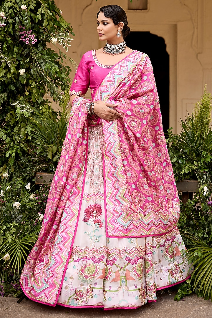 Pink & White Vasansi Silk Sequins Embroidered Wedding Lehenga Set by Vasansi Jaipur at Pernia's Pop Up Shop