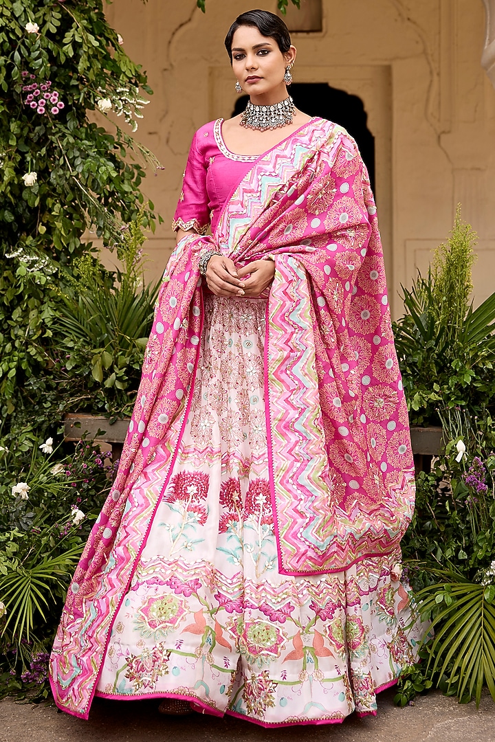 Pink & White Vasansi Silk Sequins Embroidered Wedding Lehenga Set by Vasansi Jaipur at Pernia's Pop Up Shop