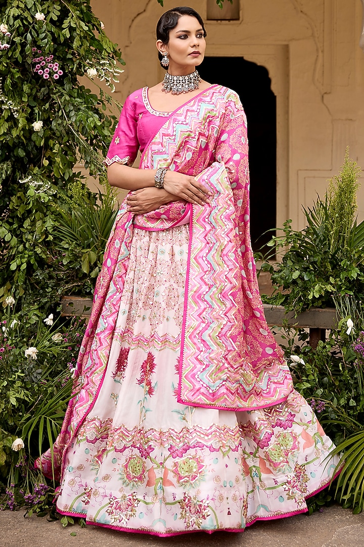 Pink & White Vasansi Silk Sequins Embroidered Wedding Lehenga Set by Vasansi Jaipur at Pernia's Pop Up Shop
