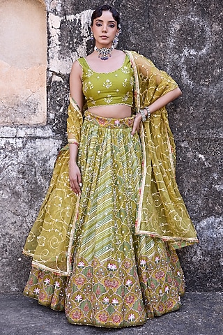 Green Vasansi Silk Cutdana Work Lehenga Set by Vasansi Jaipur