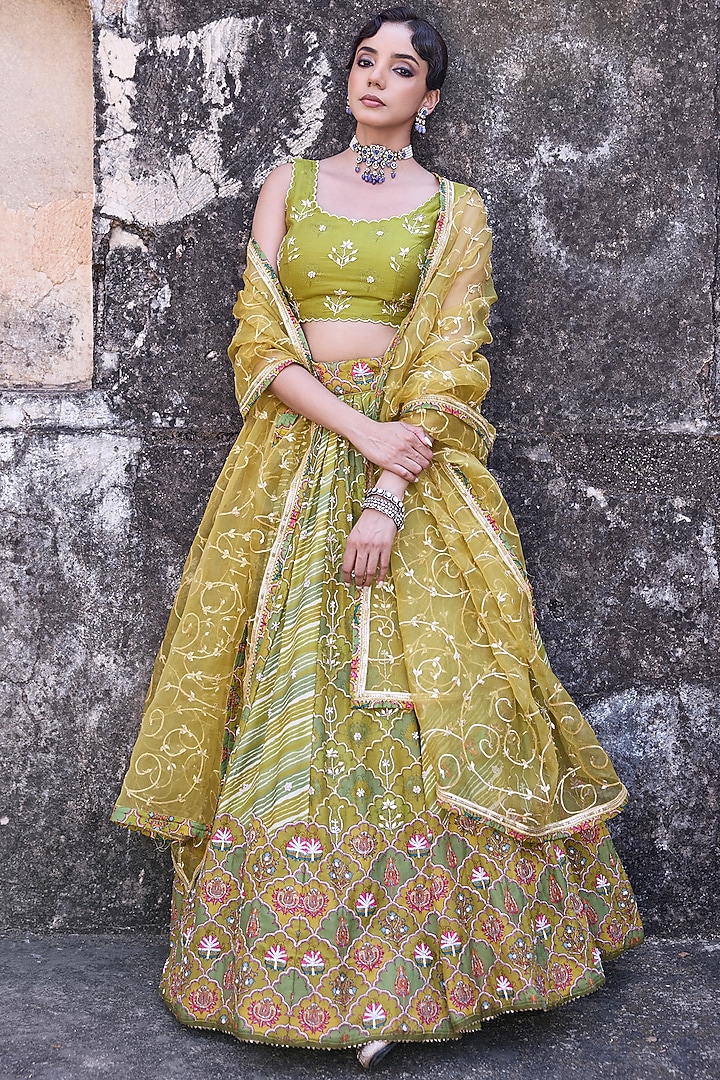 Green Vasansi Silk Cutdana Work Wedding Lehenga Set by Vasansi Jaipur at Pernia's Pop Up Shop