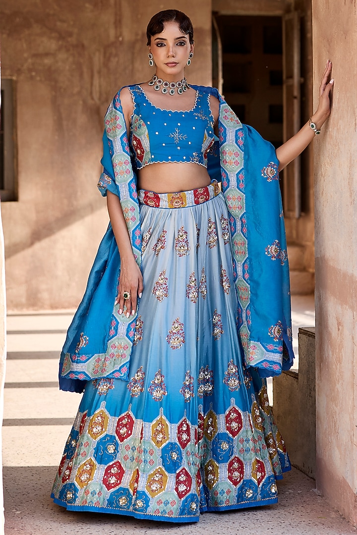 Blue Ombre Vasansi Silk Cutdana Work Wedding Lehenga Set by Vasansi Jaipur at Pernia's Pop Up Shop