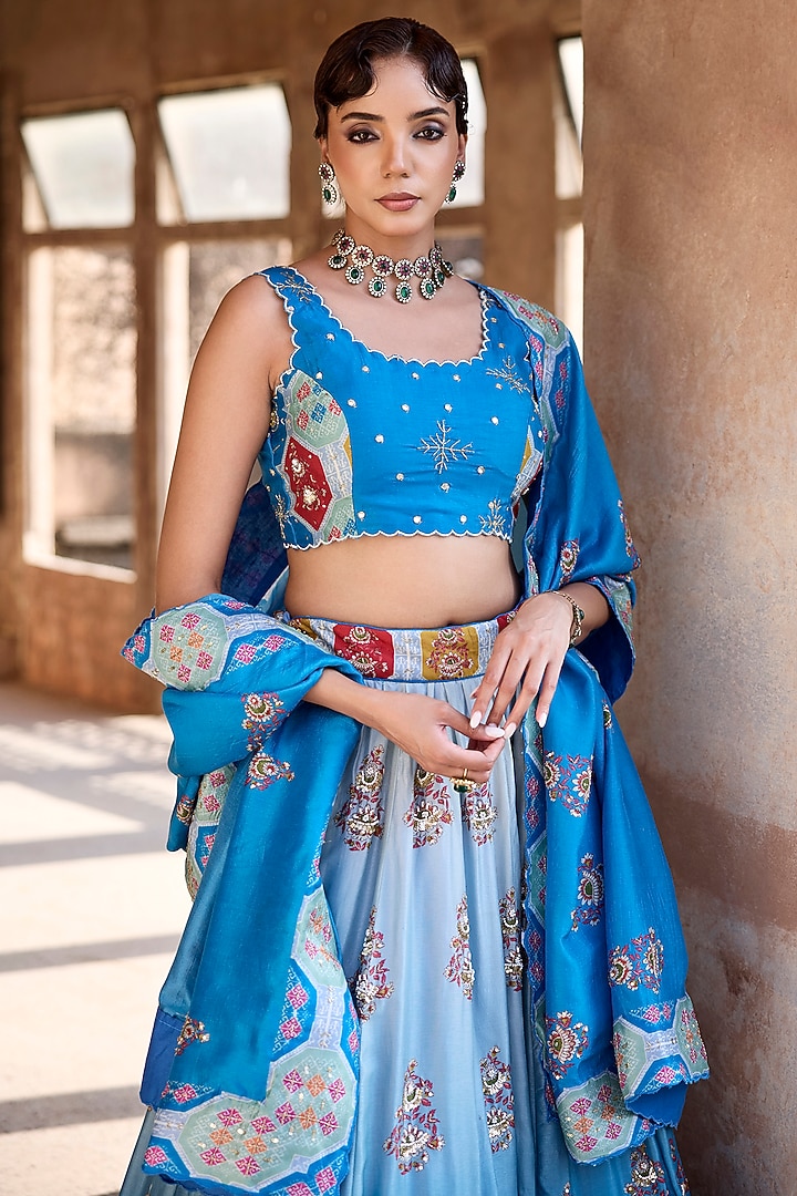 Blue Ombre Vasansi Silk Cutdana Work Wedding Lehenga Set by Vasansi Jaipur at Pernia's Pop Up Shop