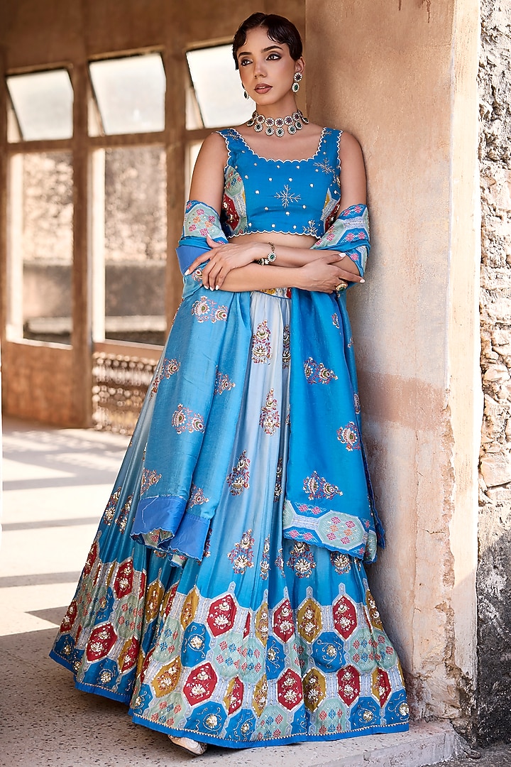 Blue Ombre Vasansi Silk Cutdana Work Wedding Lehenga Set by Vasansi Jaipur at Pernia's Pop Up Shop