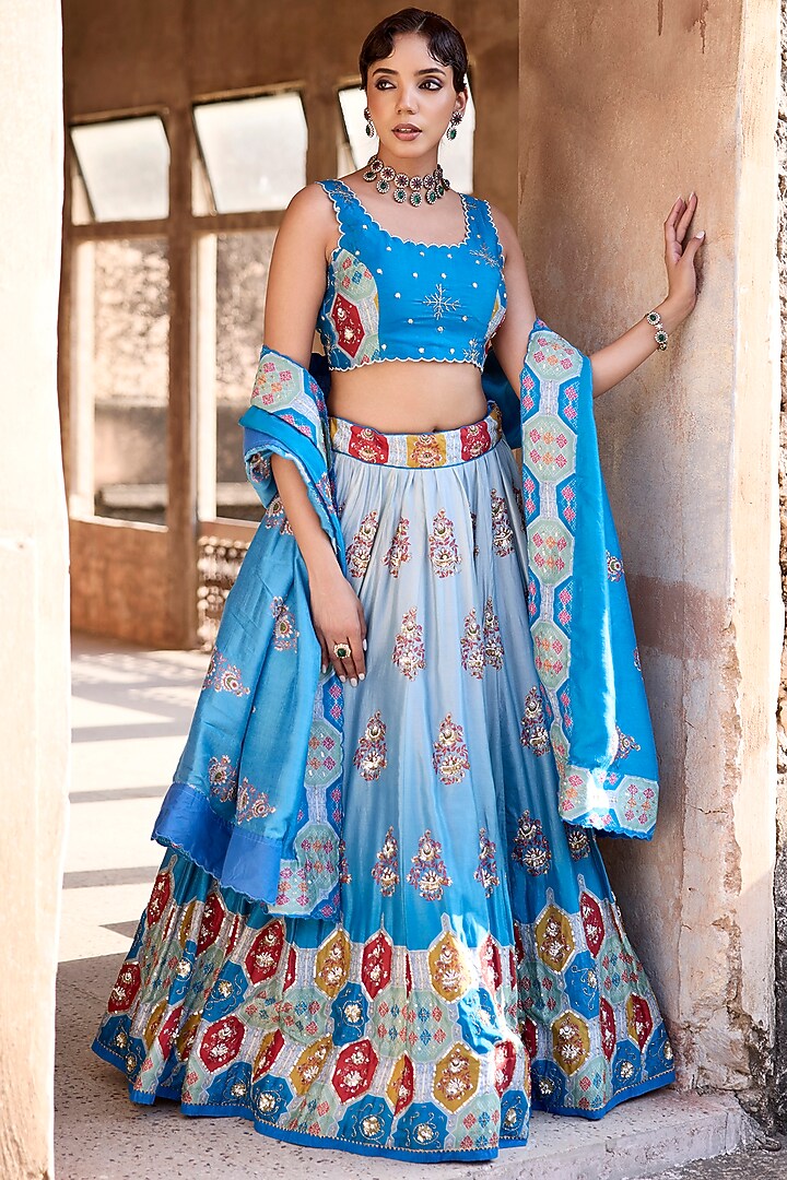 Blue Ombre Vasansi Silk Cutdana Work Wedding Lehenga Set by Vasansi Jaipur at Pernia's Pop Up Shop