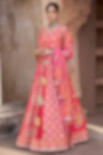 Pink & Red Vasansi Silk Aari Embroidered Wedding Lehenga Set by Vasansi Jaipur at Pernia's Pop Up Shop