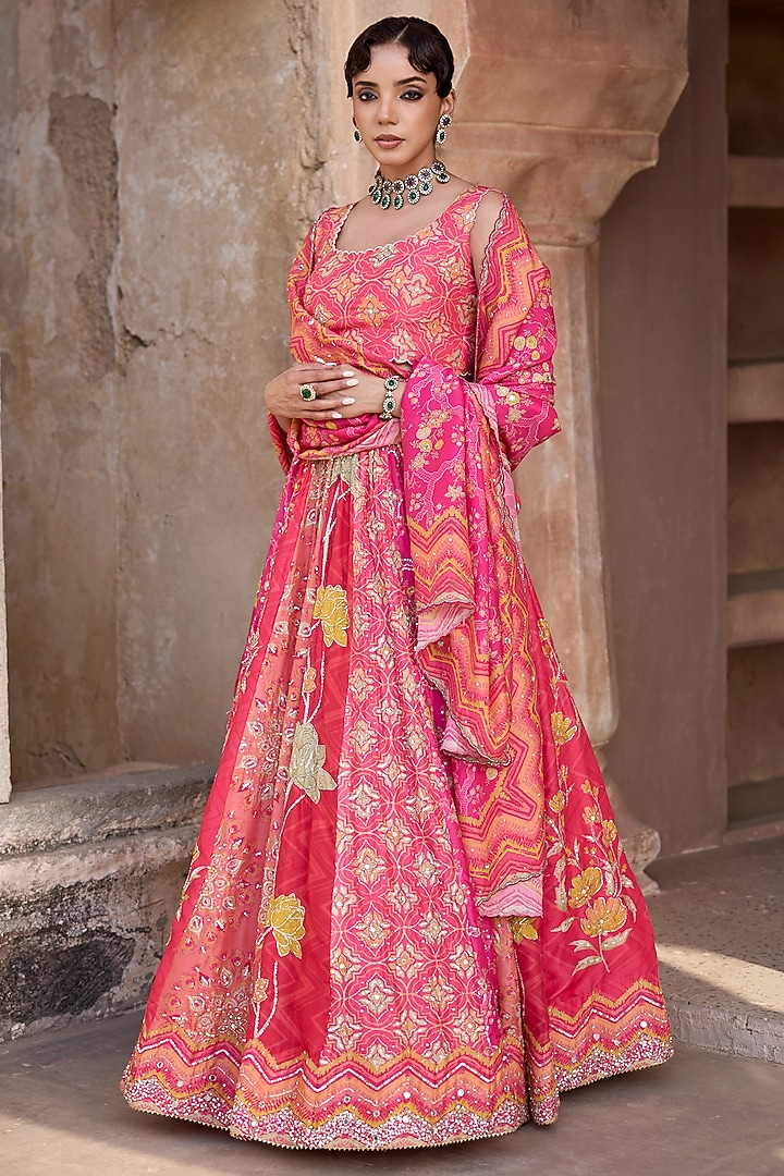 Pink & Red Vasansi Silk Aari Embroidered Wedding Lehenga Set by Vasansi Jaipur at Pernia's Pop Up Shop