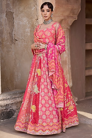 Pink & Red Vasansi Silk Aari Embroidered Lehenga Set by Vasansi Jaipur