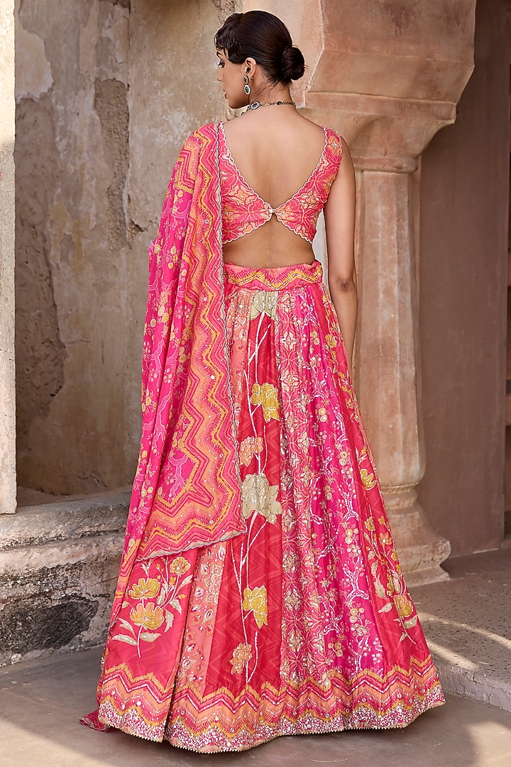Pink & Red Vasansi Silk Aari Embroidered Wedding Lehenga Set by Vasansi Jaipur at Pernia's Pop Up Shop