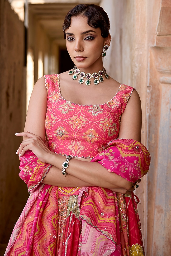 Pink & Red Vasansi Silk Aari Embroidered Wedding Lehenga Set by Vasansi Jaipur at Pernia's Pop Up Shop