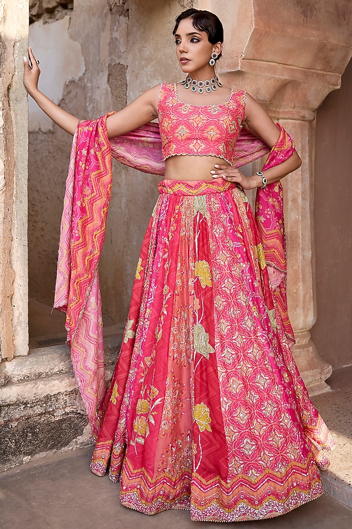 Pink & Red Vasansi Silk Aari Embroidered Wedding Lehenga Set by Vasansi Jaipur at Pernia's Pop Up Shop