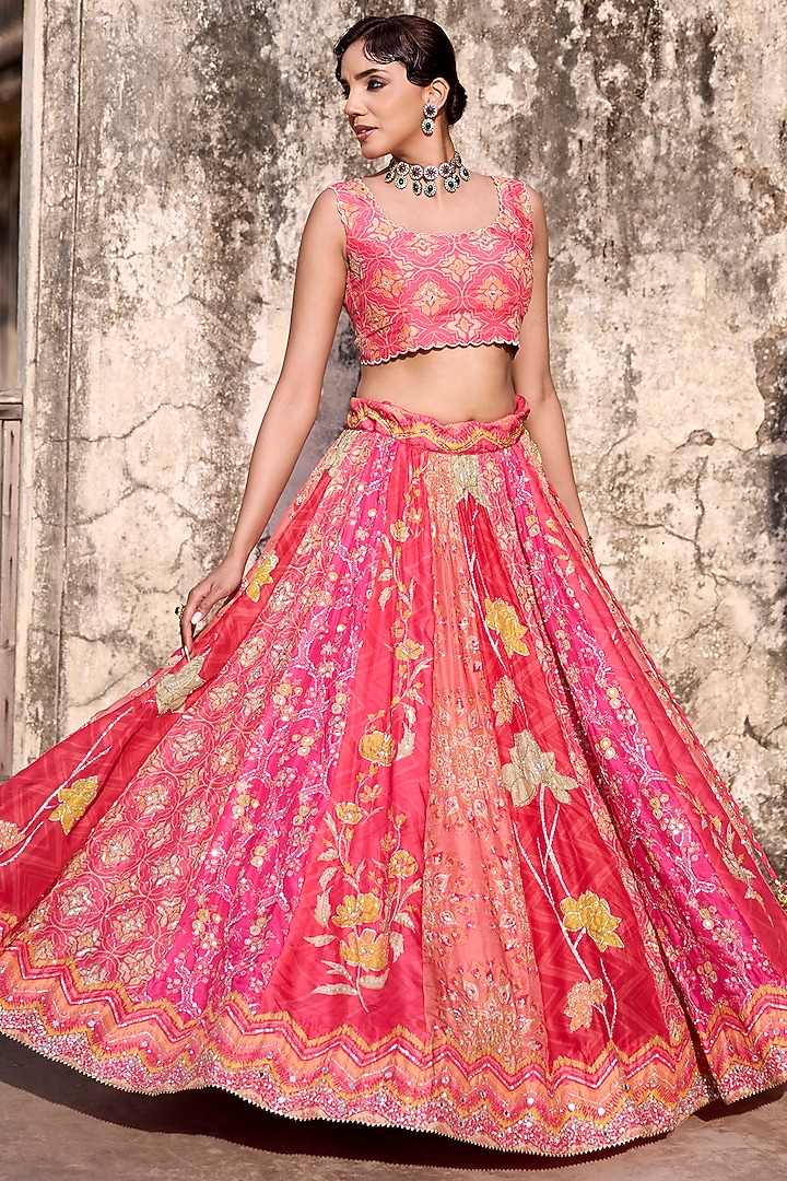 Pink & Red Vasansi Silk Aari Embroidered Wedding Lehenga Set by Vasansi Jaipur at Pernia's Pop Up Shop