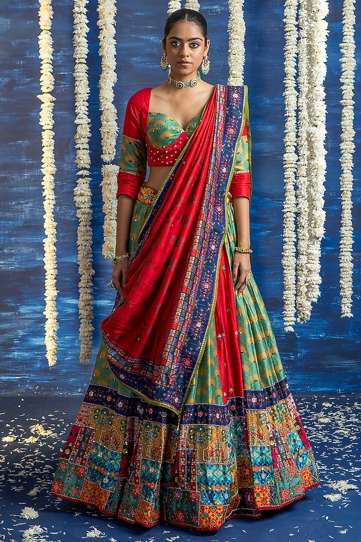 Multi-Colored Vasansi Silk Mirror Embroidered Wedding Lehenga Set by Vasansi Jaipur at Pernia's Pop Up Shop