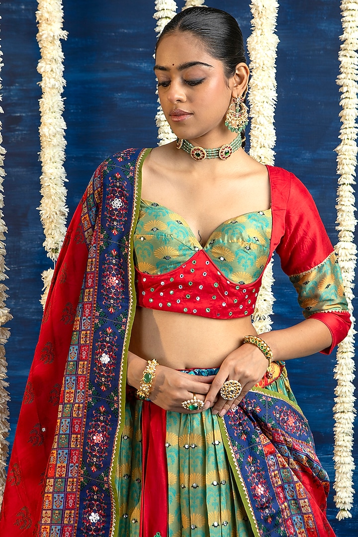 Multi-Colored Vasansi Silk Mirror Embroidered Wedding Lehenga Set by Vasansi Jaipur at Pernia's Pop Up Shop
