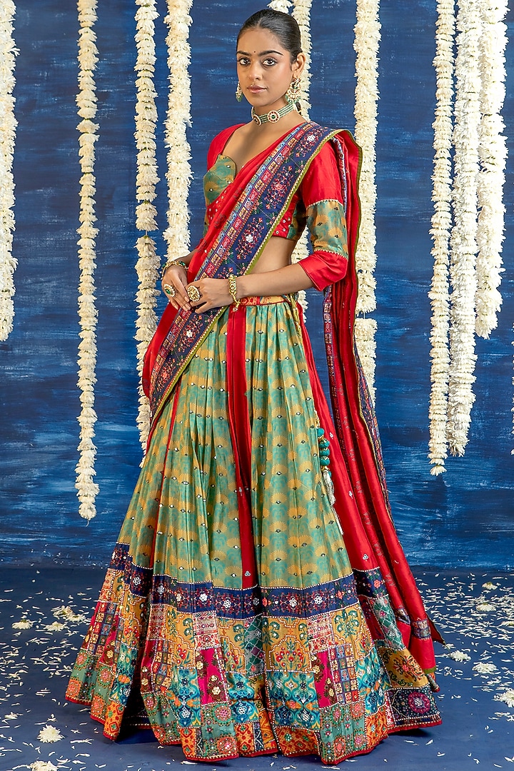 Multi-Colored Vasansi Silk Mirror Embroidered Wedding Lehenga Set by Vasansi Jaipur at Pernia's Pop Up Shop